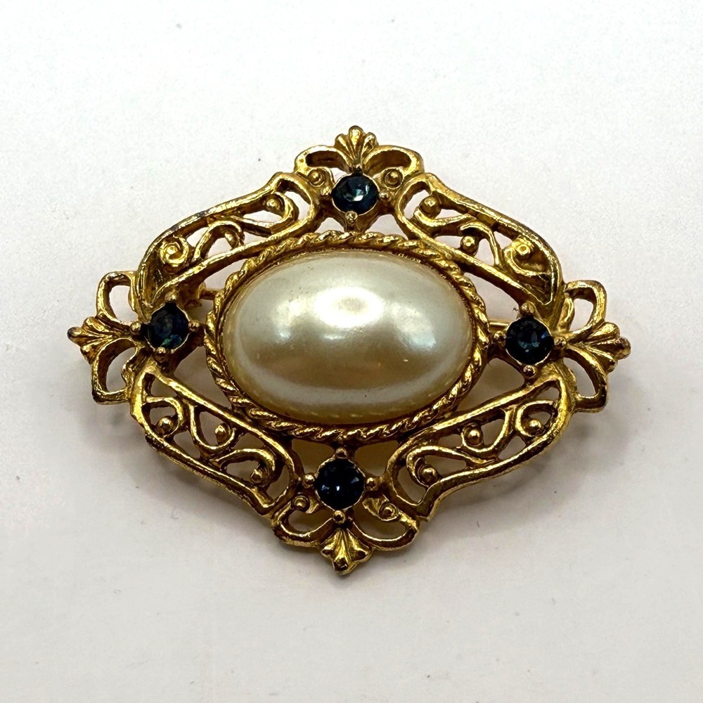 Vintage Gold Tone Faux Pearl & Blue Rhinestone Filigree Brooch